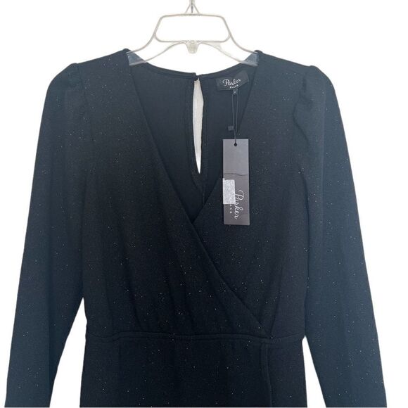 Parker Black Long Sleeve V-Neck Crossover Shimmer Black Cocktail Dress - Picture 3 of 8